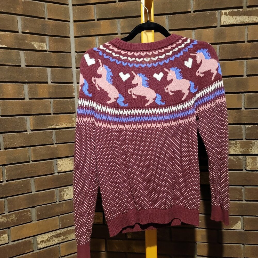 ModCloth Unicorn Heart Fair Isle Sweater Burgundy Knit - Size Small - Picture 6 of 6
